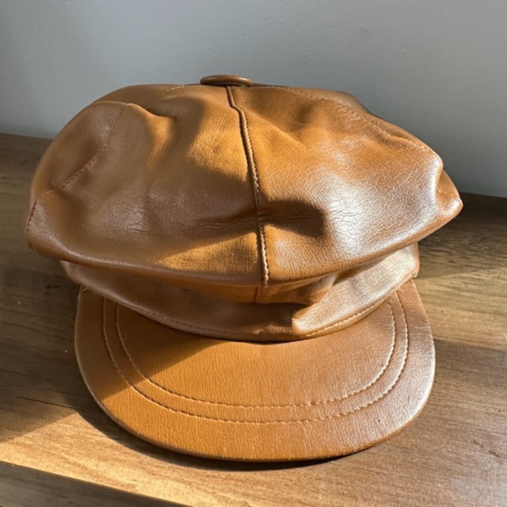 Faux Leather Newsboy Cap in Cognac Brown